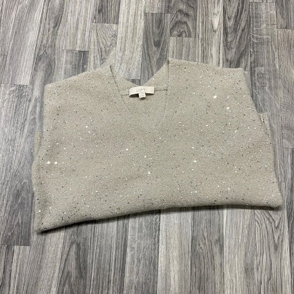 ANN TAYLOR LOFT V-Neck Pullover Tan Sequin Knit Sweater Women's Size Medium - Picture 4 of 11